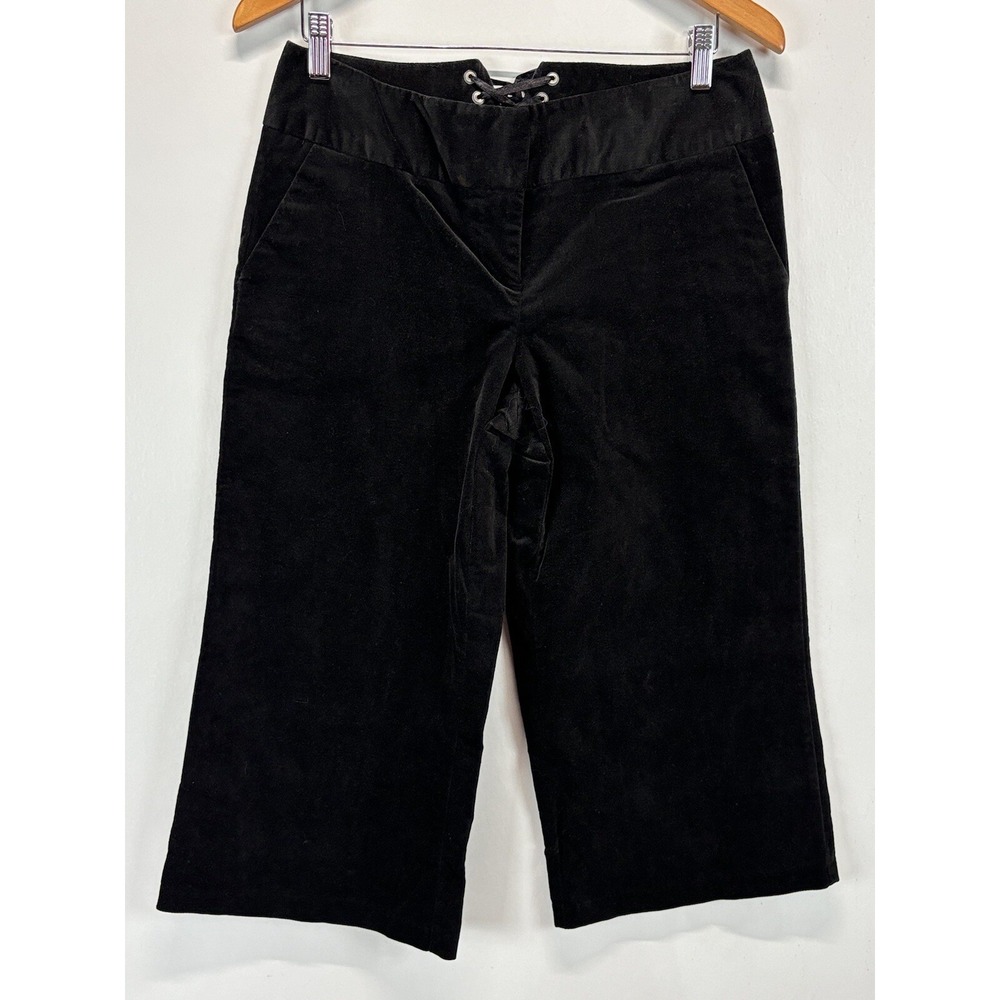 Vtg Bisou Bisou Wide Leg Velvet Capri Pants Sz 10 Women's Black Lace Up Back Y2K